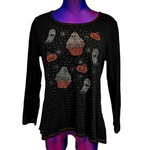 One World Rhinestone Embellished‎ Halloween Ghost Long Sleeve Top Size Large